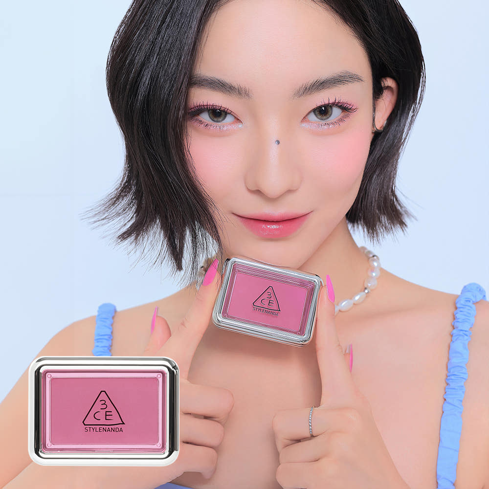 3CE New Take Face Blusher showcased with model demonstrating product color and packaging