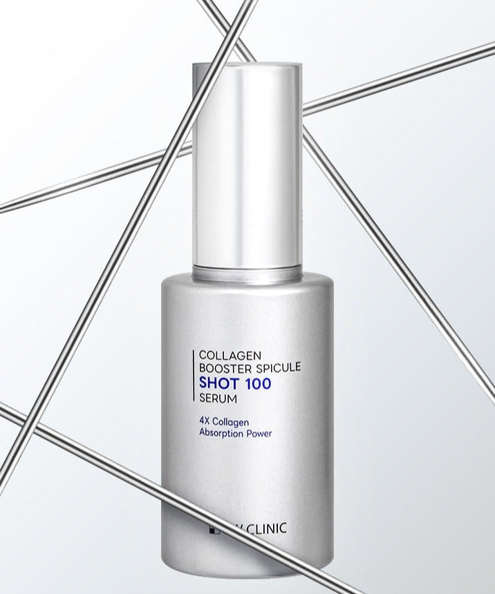 3W CLINIC Collagen Booster Speackle Shot 100 Serum 50ml bottle against geometric background