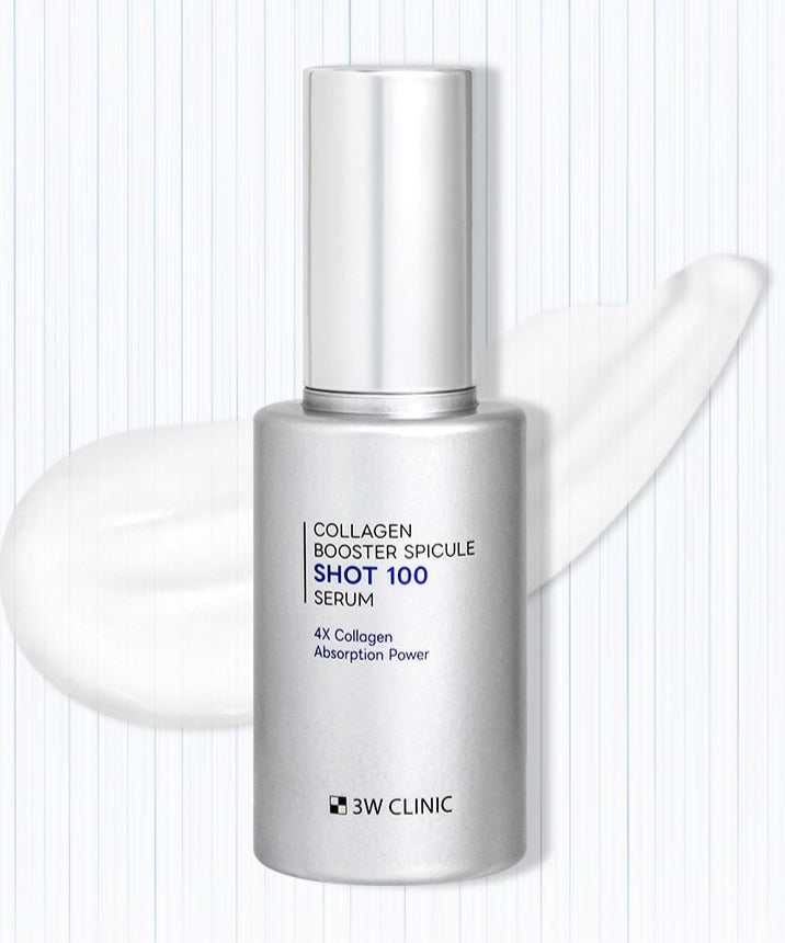 3W CLINIC Collagen Booster Speackle Shot 100 Serum 50ml bottle with product texture in background