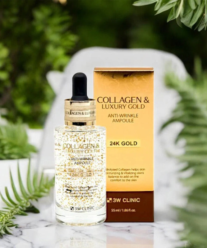 3W CLINIC Collagen & Luxury Gold Anti-Wrinkle Ampoule 55ml product image featuring packaging and lush greenery.