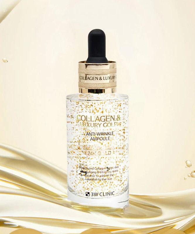 3W CLINIC Collagen & Luxury Gold Anti-Wrinkle Ampoule 55ml bottle with golden specks against a luxurious background