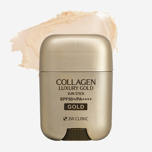 3W CLINIC Collagen & Luxury Gold Sun Stick 18g with SPF50+ protection, featuring elegant gold packaging and creamy texture background.
