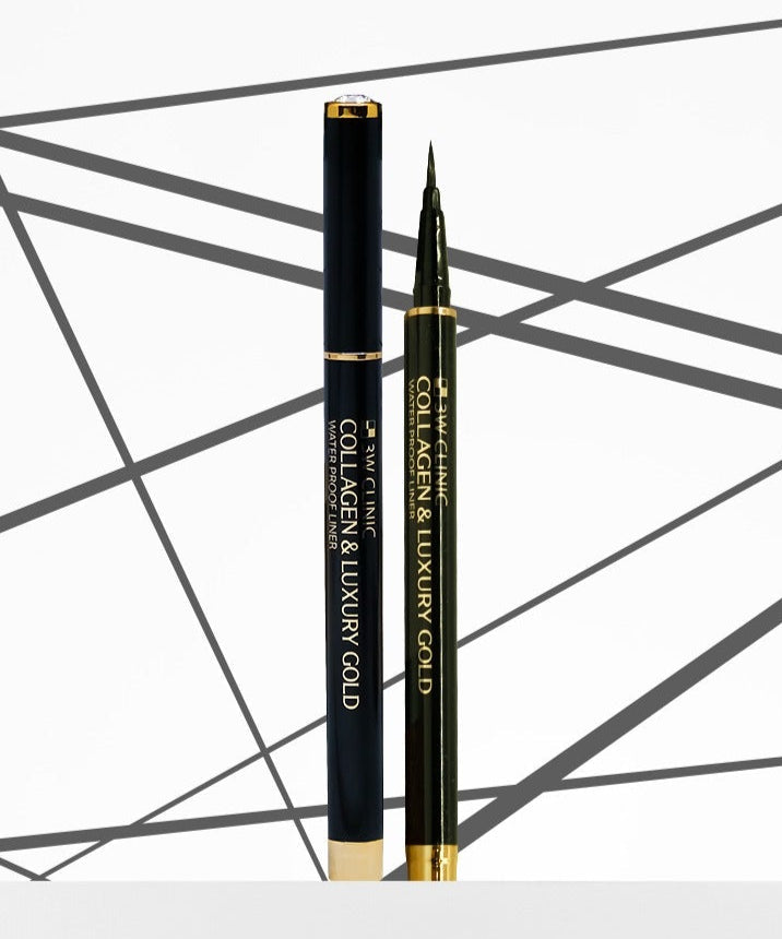 3W CLINIC Collagen & Luxury Gold Waterproof Liner 0.8g against abstract background