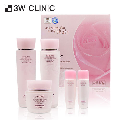 3W CLINIC Flower Effect Extra Moisturizing Skin Care Set (Softener+Emulsion+Cream) | Kool Seoul