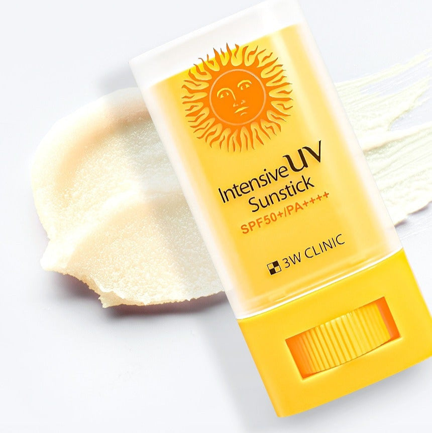 3W CLINIC Intensive UV Sun Sticks 20g SPF50+ shown with texture application on white background
