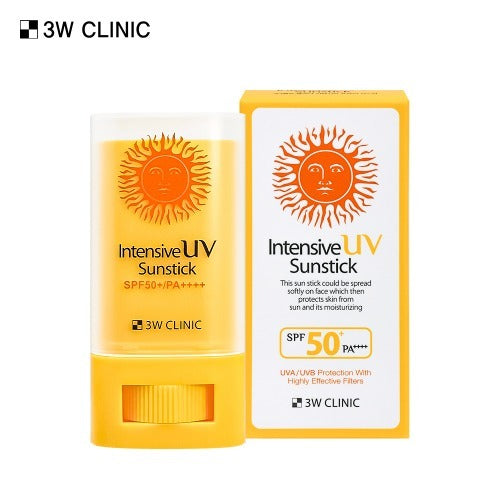 3W CLINIC Intensive UV Sun Sticks 20g in yellow packaging with SPF50 PA+++ protection, ideal for skincare and sunblock.
