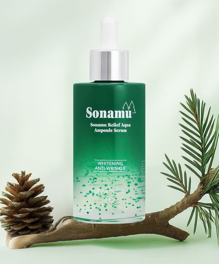 3W CLINIC Pine Relief Aqua Ampoule Serum 100ml bottle with pine branch and cone