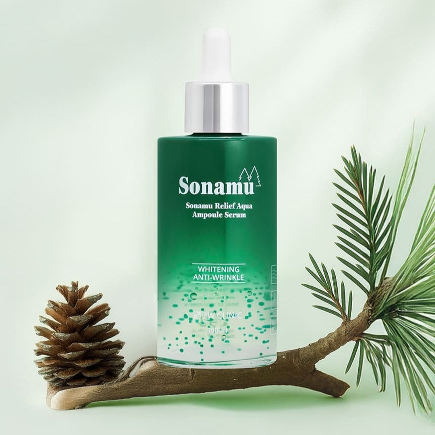 3W CLINIC Pine Relief Aqua Ampoule Serum 100ml bottle with pine branch and cone