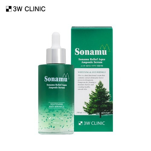 3W CLINIC Pine Relief Aqua Ampoule Serum 100ml bottle with box, premium skincare product for anti-aging and brightening effects.