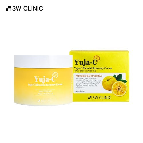 3W CLINIC Yuja Seed Blemish Recovery Cream 110g jar and box packaging with yuja fruit illustration