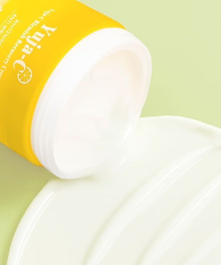 3W CLINIC Yuja Seed Blemish Recovery Cream 110g in open container with cream texture on light background