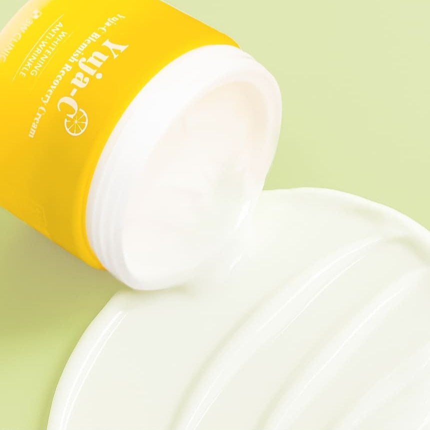 3W CLINIC Yuja Seed Blemish Recovery Cream 110g in open container with cream texture on light background