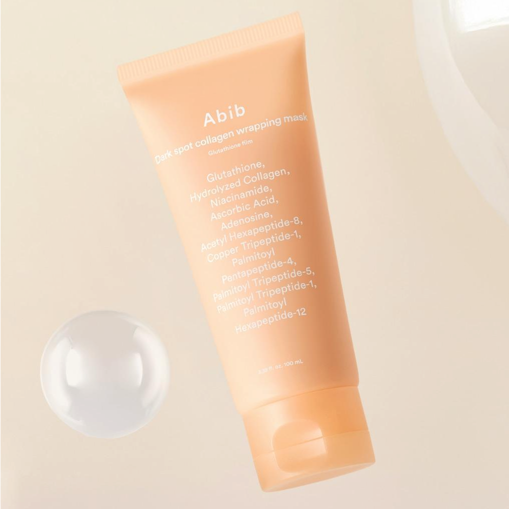 ABIB Blemish Collagen Wrapping Mask Glutathione Film 100ml packaging with listed ingredients in a peach-colored tube