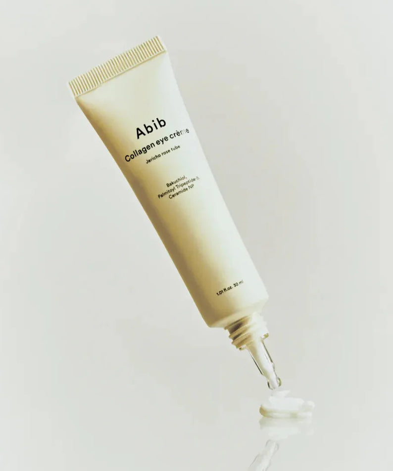 ABIB Collagen Eye Cream Jericho Rose Tube 30ml shown with cream texture on white background.