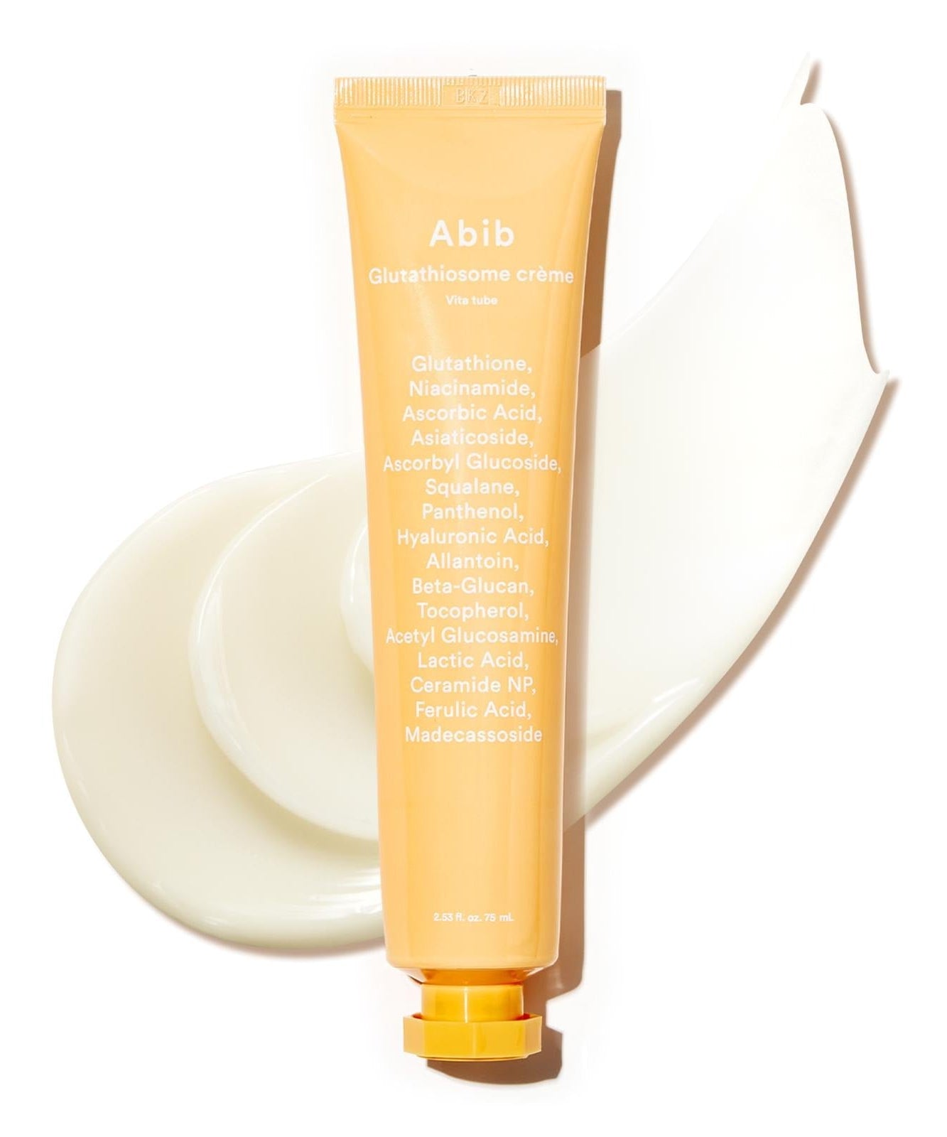 ABIB Glotathiosome Dark Spot Cream Vita Tube 75ml skincare product with creamy texture, shown with its active ingredients listed.