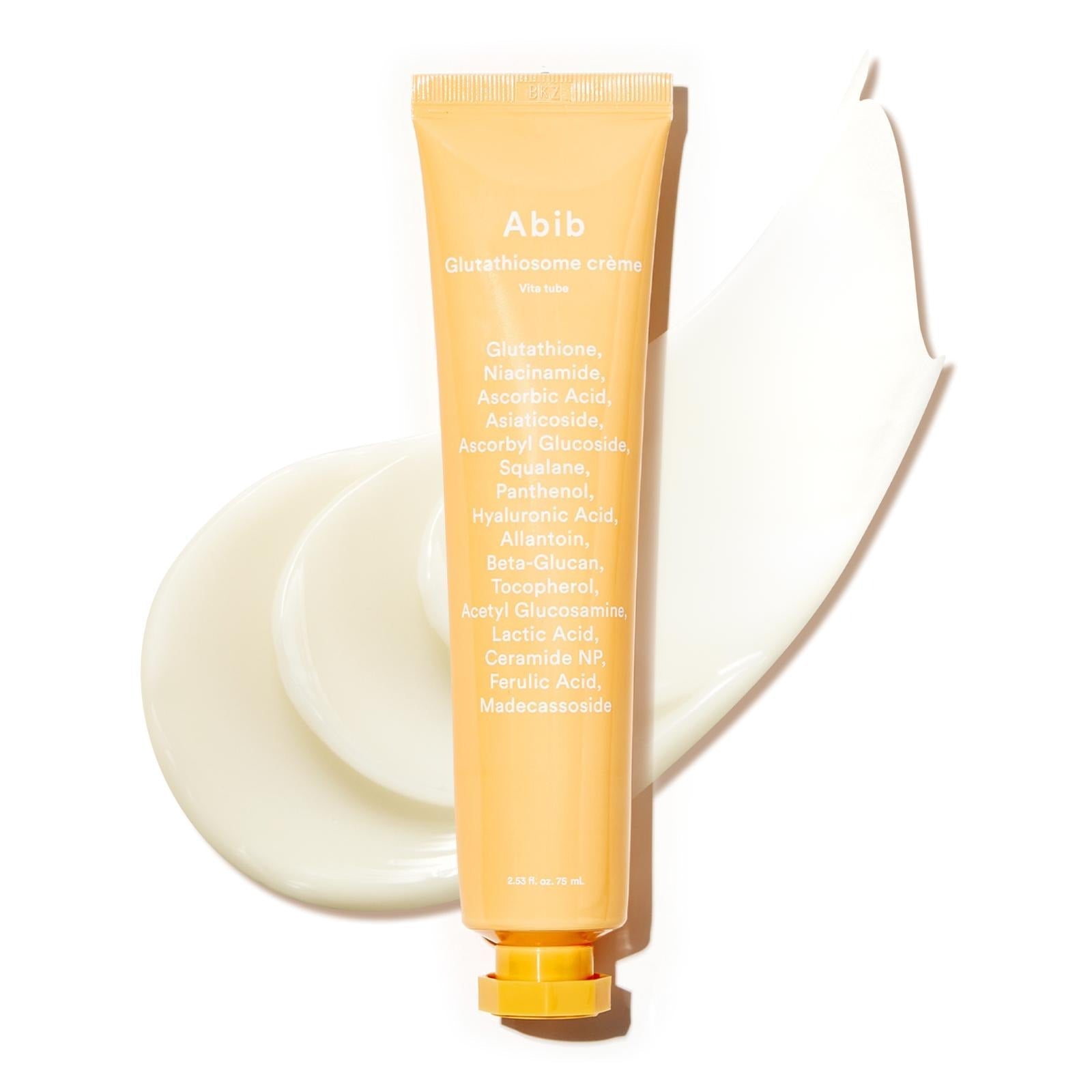 ABIB Glotathiosome Dark Spot Cream Vita Tube 75ml skincare product with creamy texture, shown with its active ingredients listed.