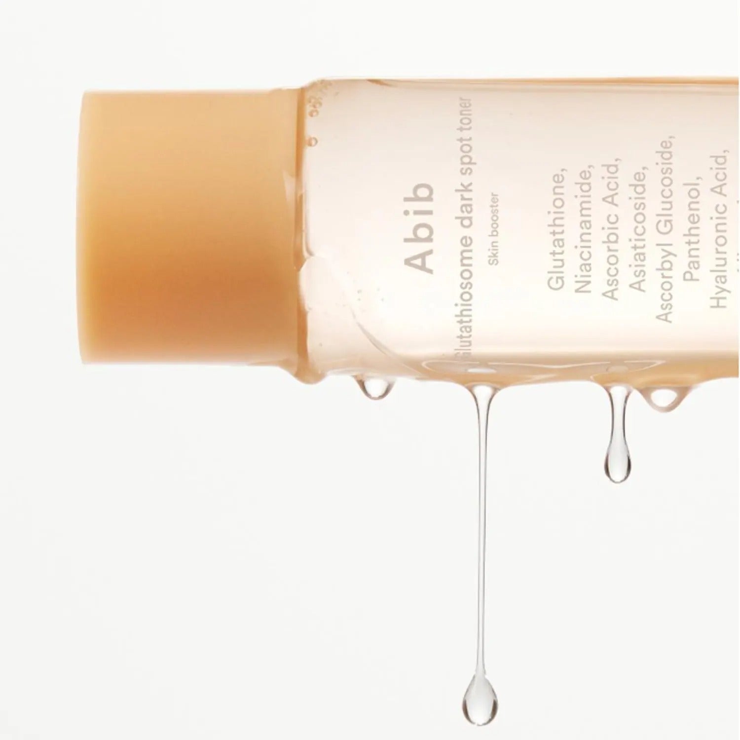 ABIB Glutathiosome Dark Spot Toner Skin Booster 200ml product bottle with liquid dripping.
