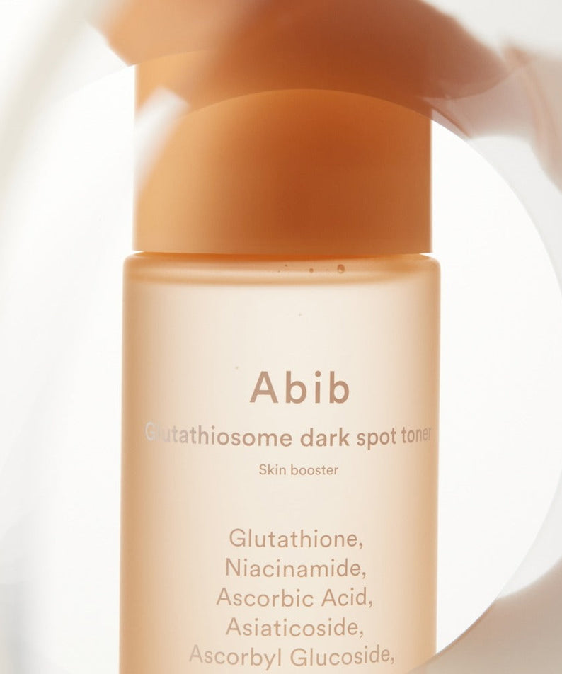 ABIB Glutathiosome Dark Spot Toner Skin Booster 200ml bottle with ingredients listed, designed to improve skin tone and texture.