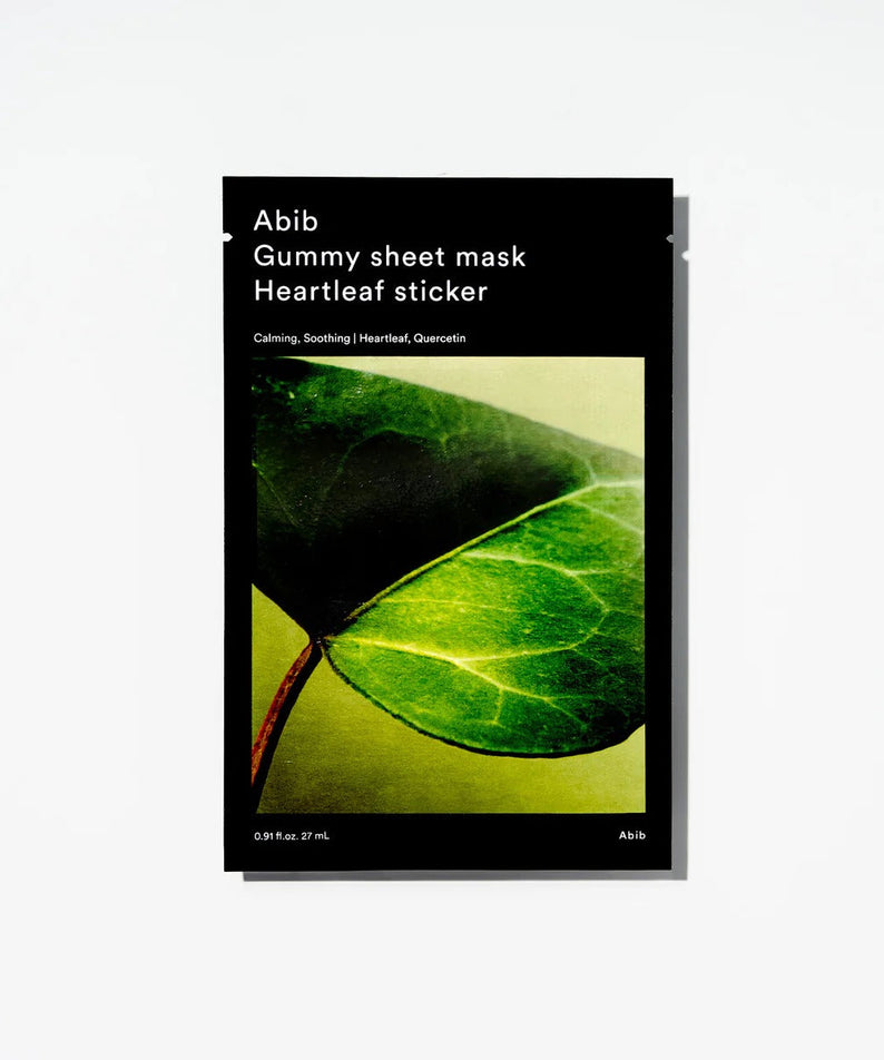 ABIB Gummy Sheet Mask Heartleaf Sticker 10 sheets packaging showing close-up of heartleaf on product design.