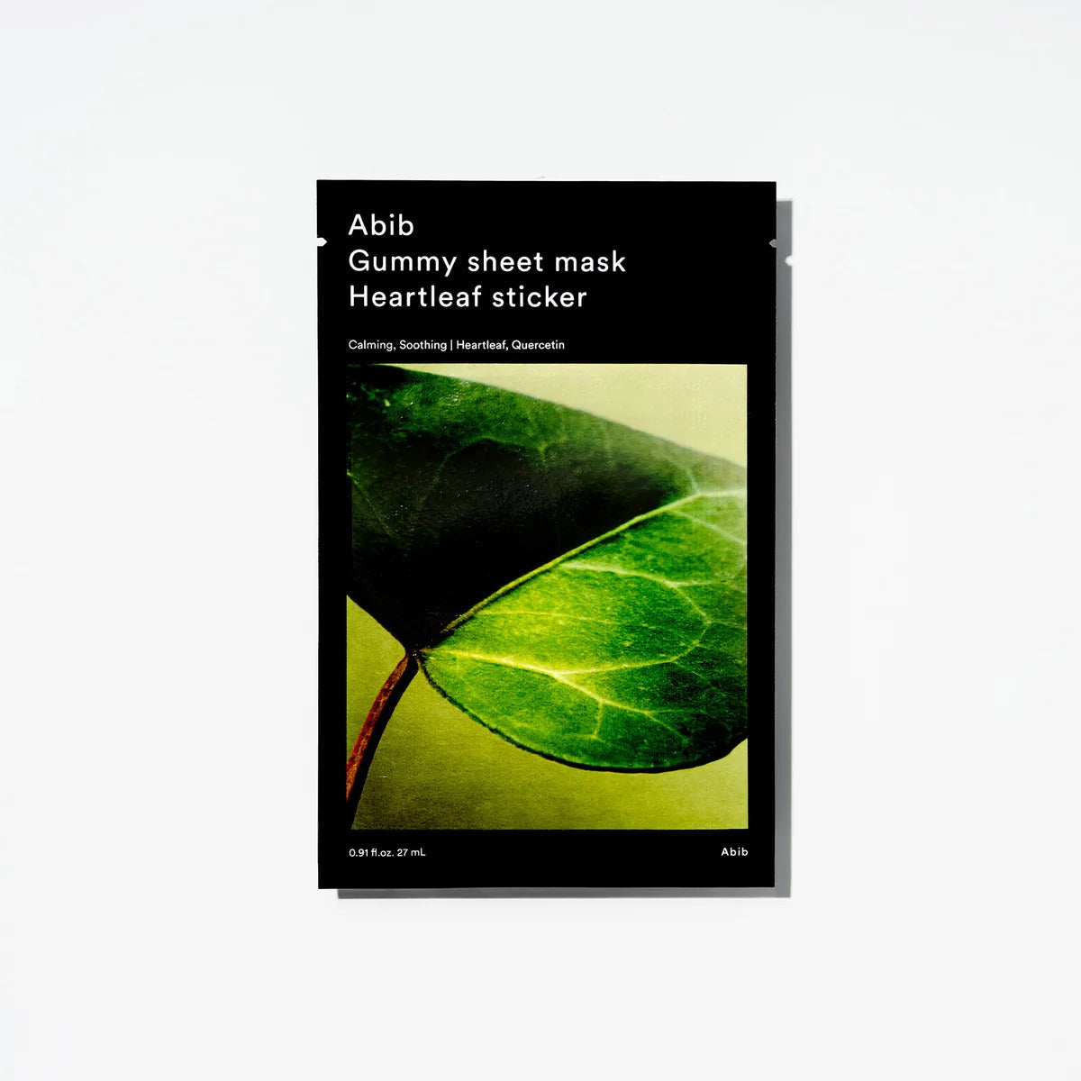 ABIB Gummy Sheet Mask Heartleaf Sticker 10 sheets packaging showing close-up of heartleaf on product design.