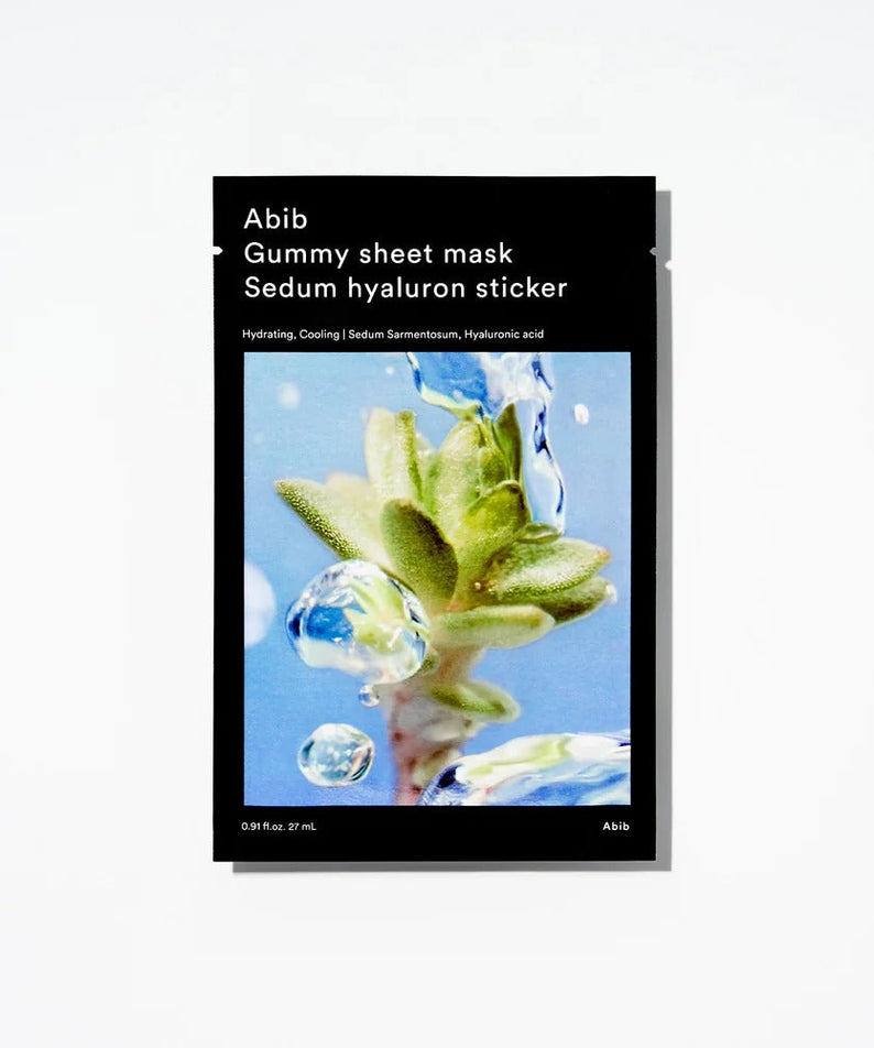 ABIB Gummy Sheets Mask Sedum Hyaluronic Sticker 10 sheets packaging with sedum plant and water droplets