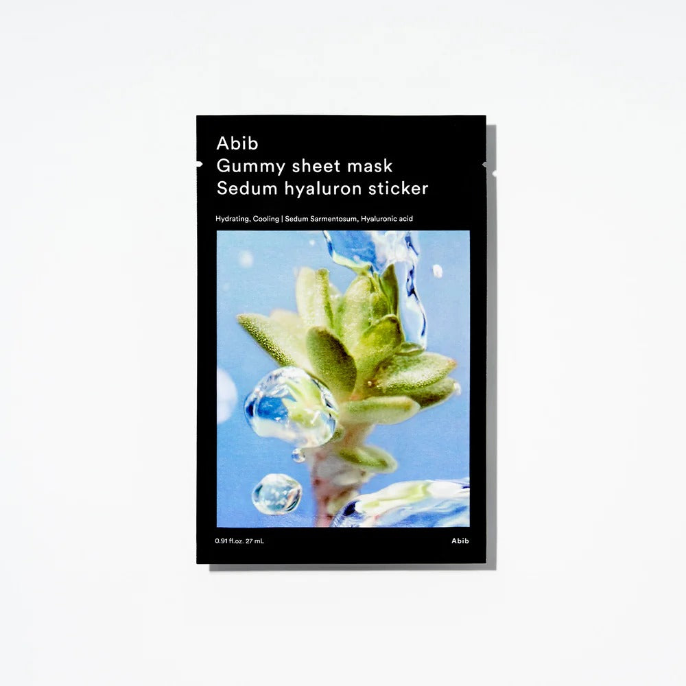 ABIB Gummy Sheets Mask Sedum Hyaluronic Sticker 10 sheets packaging with sedum plant and water droplets