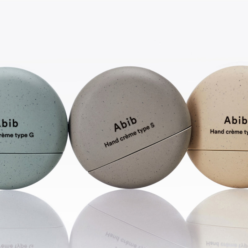 ABIB Hand Cream 3 Types displayed in round containers, featuring type G, S, and T. High-quality skincare for soft, moisturized hands.