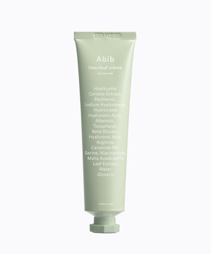 ABIB Heartleaf Crème Calming Tube 75ml product image with ingredient list on packaging.