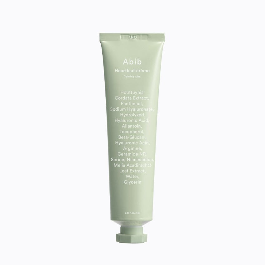 ABIB Heartleaf Crème Calming Tube 75ml product image with ingredient list on packaging.