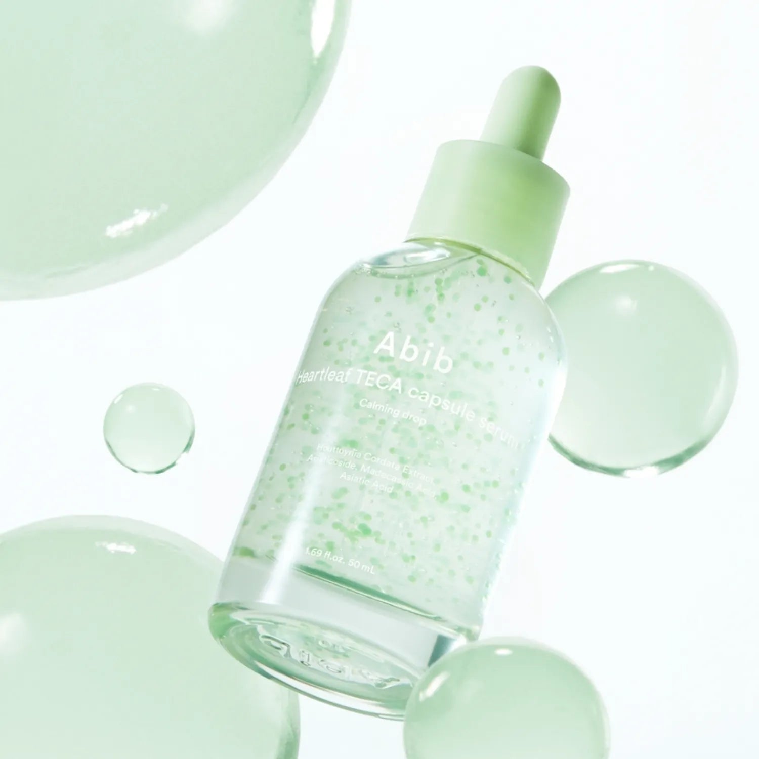 ABIB Heartleaf TECA Capsule Serum Calming Drop 50ml bottle with green liquid and bubbles