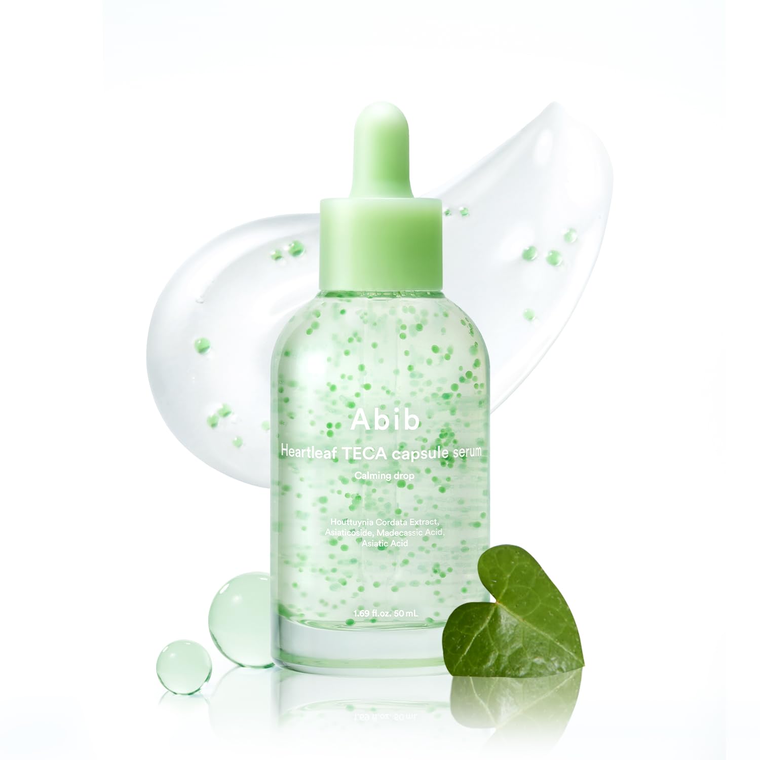 ABIB Heartleaf TECA Capsule Serum Calming Drop 50ml bottle with green serum beads on white background