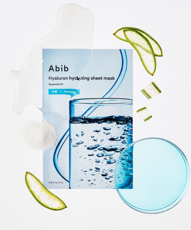 ABIB Hyaluronic Acid Moisture Sheet Mask Essential Fit with aloe and hydrating elements, designed to boost skin moisture and health.