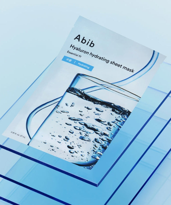 ABIB Hyaluronic Acid Moisture Sheet Mask Essential Fit packaging on blue background
