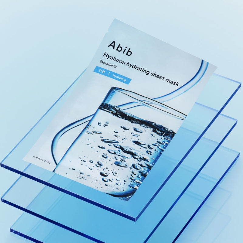 ABIB Hyaluronic Acid Moisture Sheet Mask Essential Fit packaging on blue background