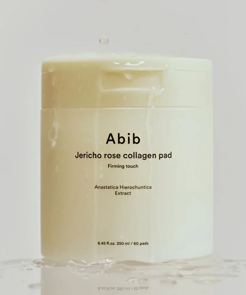 ABIB Jericho Rose Collagen Pad Firming Touch 60 Pads in white container with water droplets