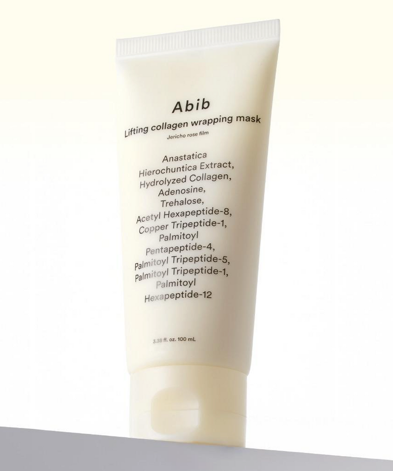 ABIB Lifting Collagen Wrapping Mask Resurrection Film 100ml skincare product, luxury anti-aging serum tube on white background.