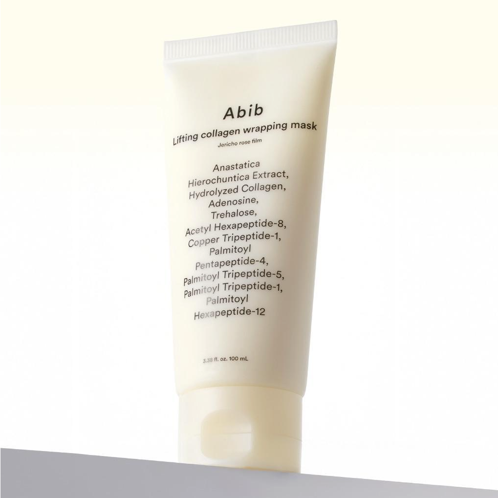 ABIB Lifting Collagen Wrapping Mask Resurrection Film 100ml skincare product, luxury anti-aging serum tube on white background.