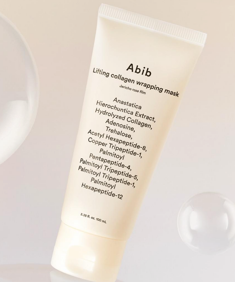 ABIB Lifting Collagen Wrapping Mask Resurrection Film 100ml tube with ingredients list on beige background.