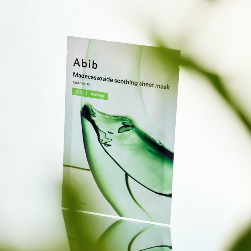 ABIB Madecassoside Soothing Sheet Essential Fit in packaging, highlighting the soothing and essential skin benefits.