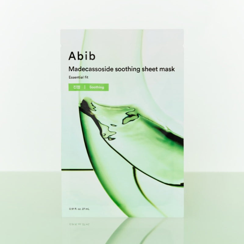 ABIB Madecassoside Soothing Sheet Essential Fit mask packaging on a white background.