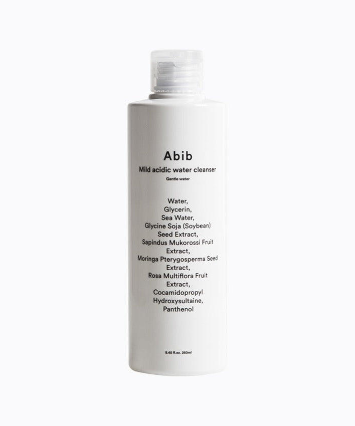 ABIB Mild Acidic Water Cleanser Gentle Water 250ml bottle with ingredient list.