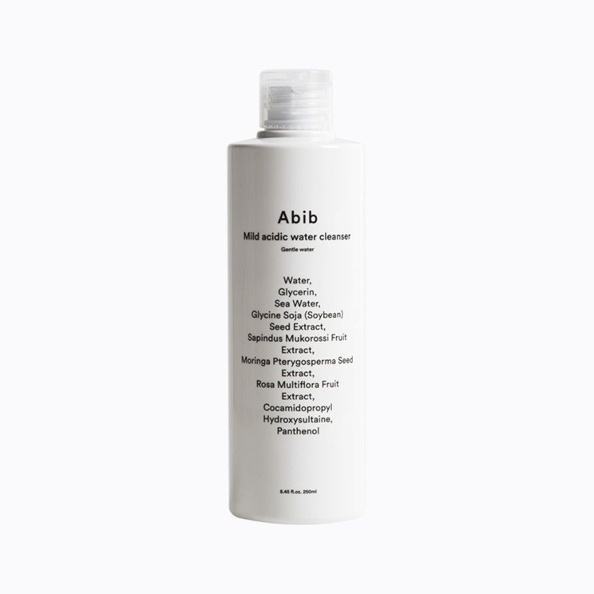 ABIB Mild Acidic Water Cleanser Gentle Water 250ml bottle with ingredient list.