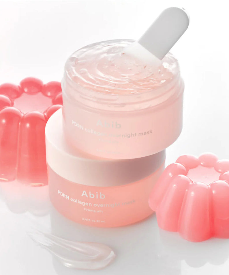 ABIB PDRN Collagen Overnight Mask Firming Jelly 80ml with pink jelly molds and included spatula for skincare routine.