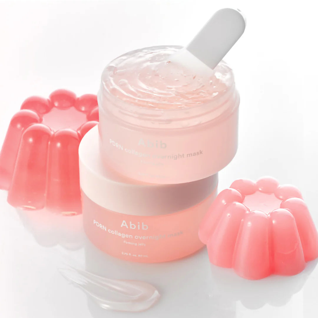ABIB PDRN Collagen Overnight Mask Firming Jelly 80ml with pink jelly molds and included spatula for skincare routine.