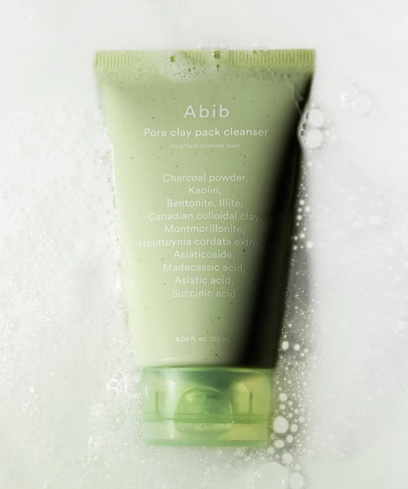 ABIB Pore Clay Pack Cleanser 120ml with ingredients list in a soapy background