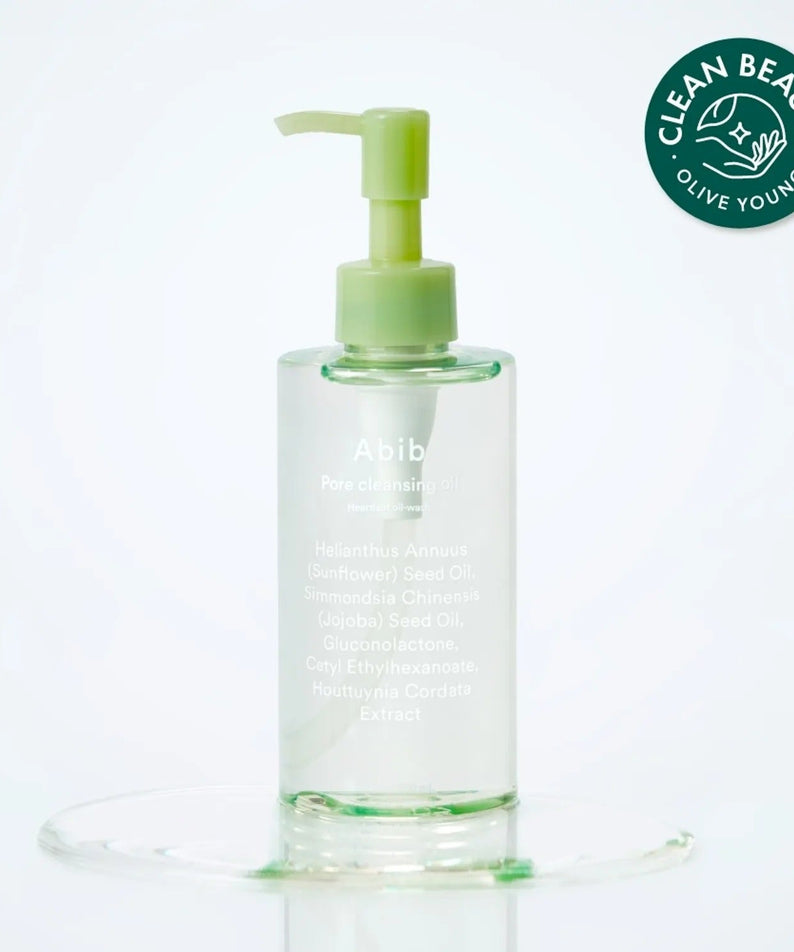ABIB Pore Cleansing Oil Heartleaf Oil-Wash 200ml bottle on display with clean beauty seal.
