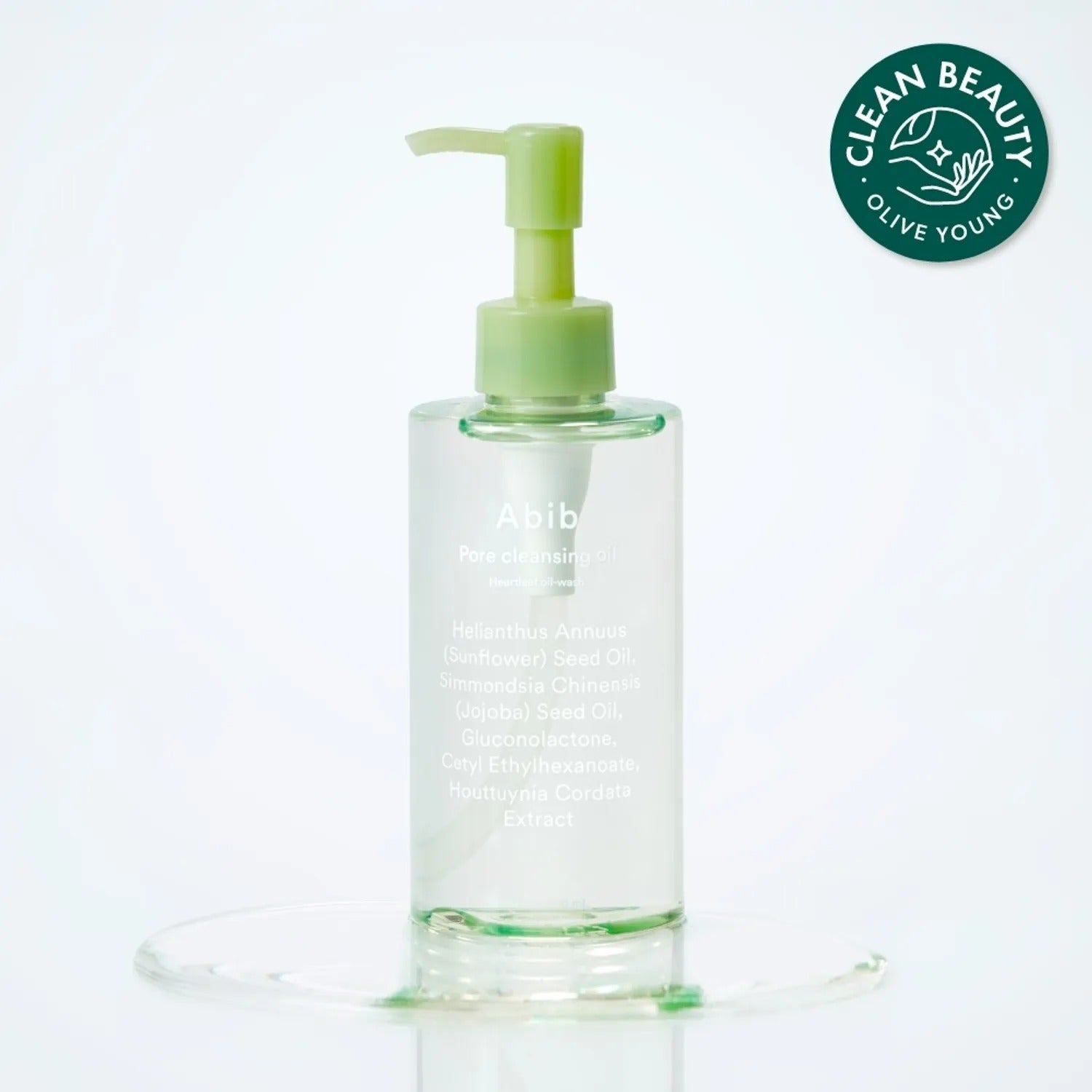 ABIB Pore Cleansing Oil Heartleaf Oil-Wash 200ml bottle on display with clean beauty seal.