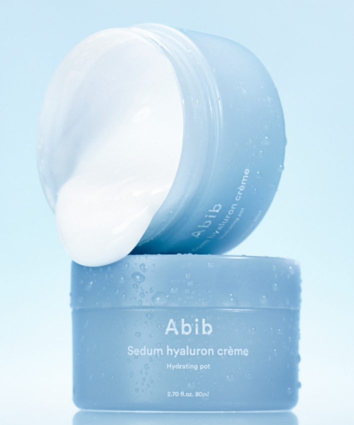 ABIB Sedum Hyaluron Creme Hyadrating Pot 80ml displayed with open lid and creamy texture on light blue background