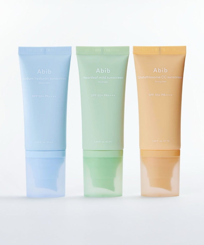 Three ABIB Sunscreen Tube 50ml 3 Types in various colors for skincare, SPF protection.