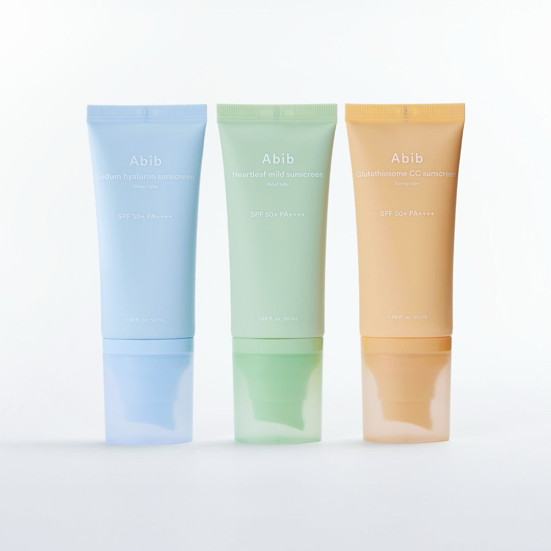 Three ABIB Sunscreen Tube 50ml 3 Types in various colors for skincare, SPF protection.